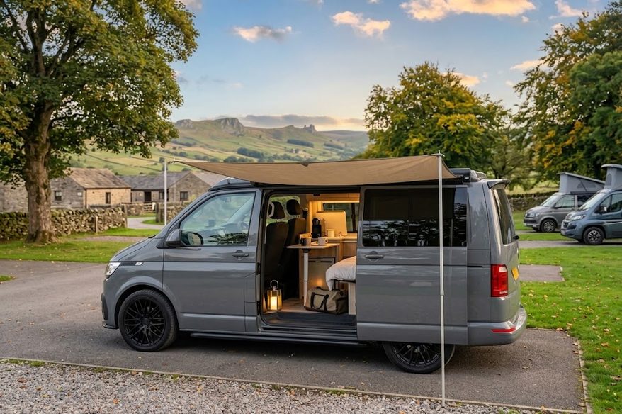 A modern, grey VW T6.1 campervan from TT Campervan Hire with the side door open, showing the fully equipped kitchenette and packed interior at a Peak District campsite in the Midlands.