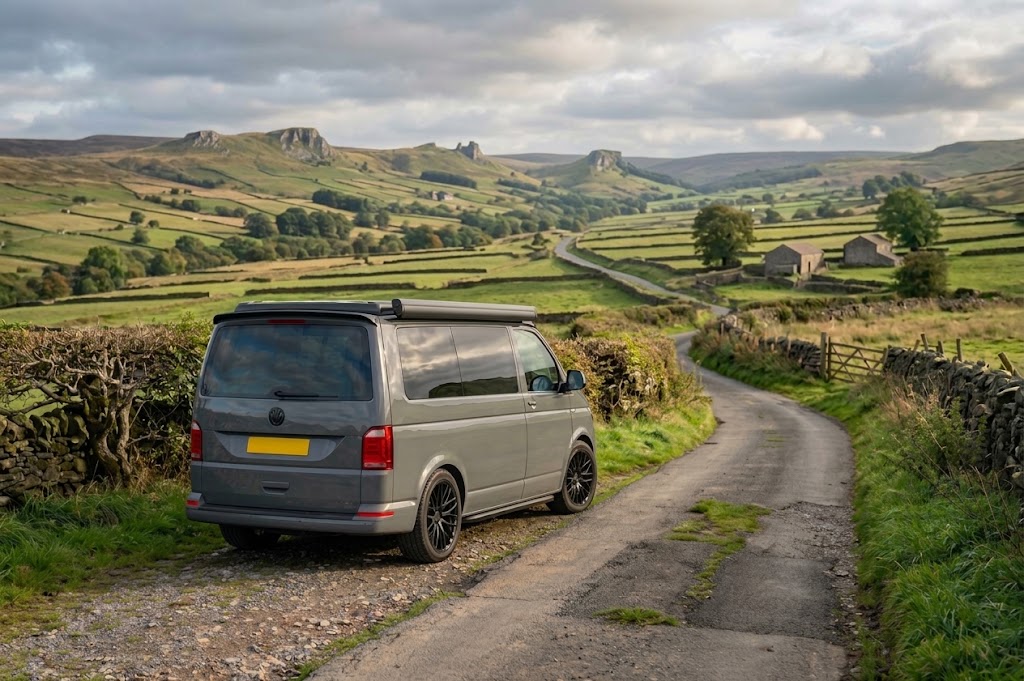 A grey VW T6.1 campervan from TT Campervan Hire parked on a scenic rural road in the Peak District, Midlands.